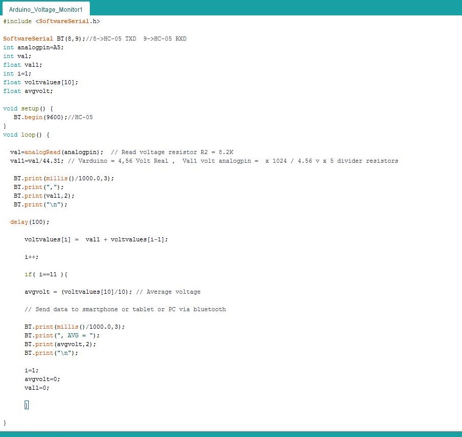 Arduino code for battery , voltage monitor